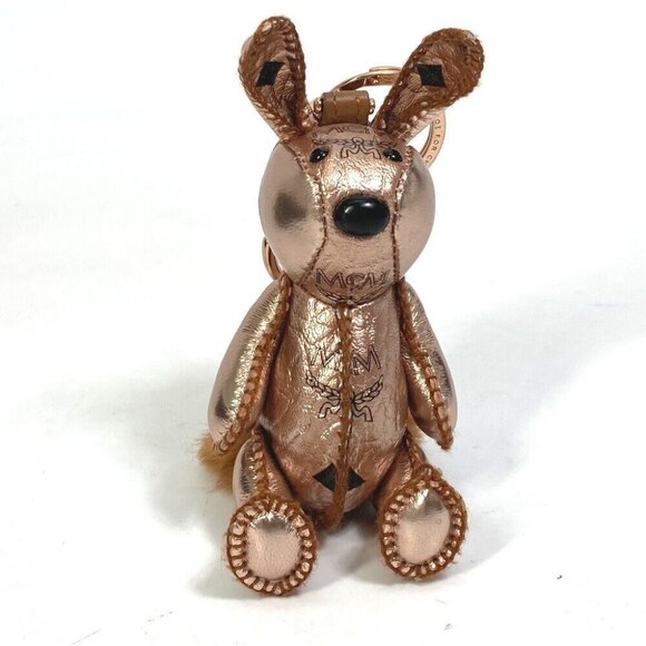 MCM Vesetos Rabbit Metallic Leather Fur Bag Charm Key Holder Metallic pink